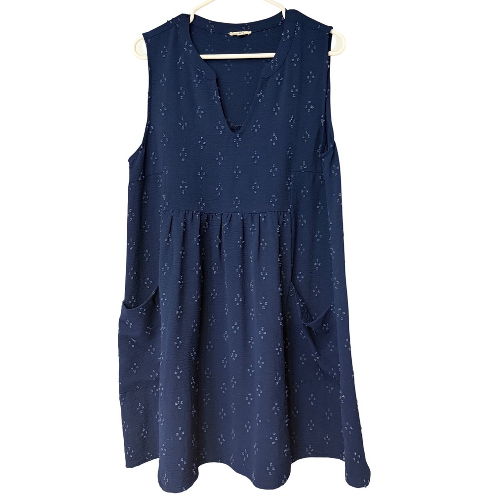 JODIFL Womens Navy Blue Textured Dot Sleeveless V Neck Casual‎ Dress Size L